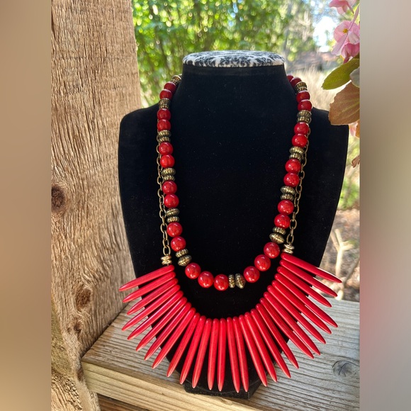 Jewelry Red Antique Brasstone Tribal Ethnic Two Strand Adjustable